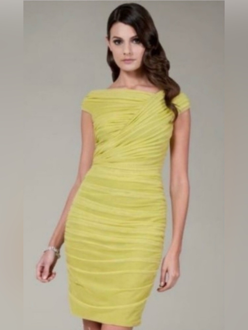 Tadashi Shoji Lime Green Chartreuse Mesh Ruched Cocktail Dress M